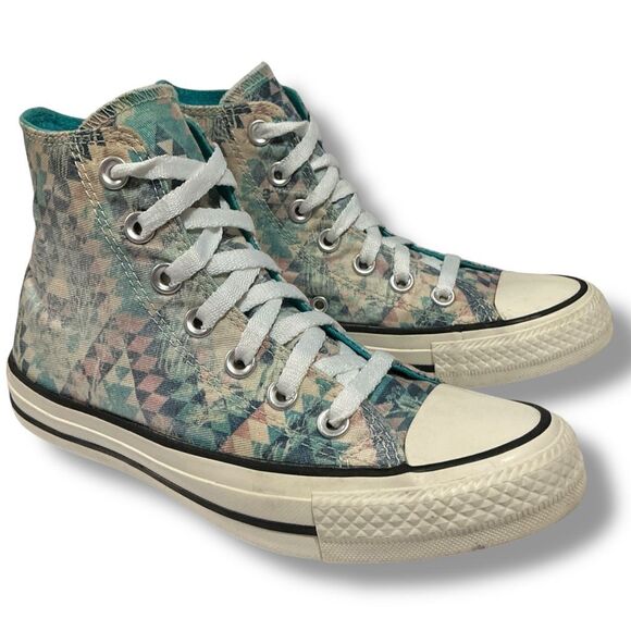 Converse Aztec Geometric Triangles Diamonds Teal Lined All Star Chuck Taylor Hi - Picture 1 of 12